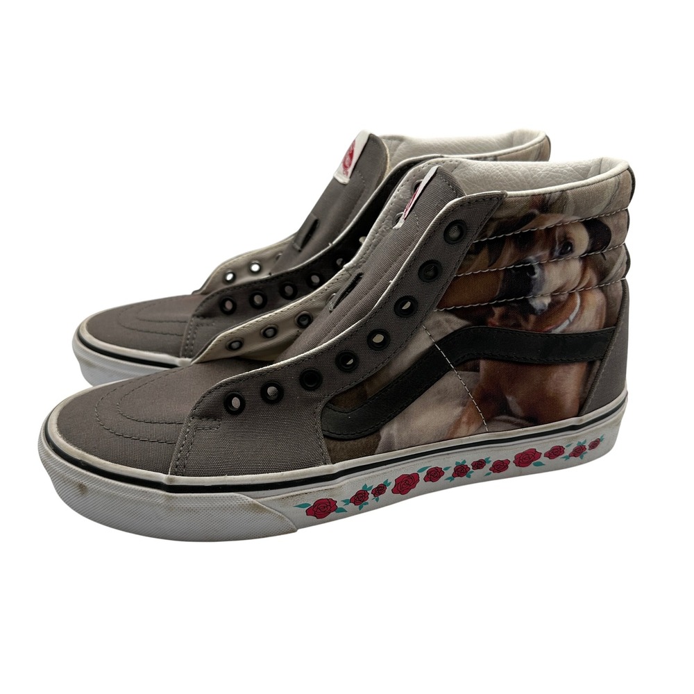 Vans Sk8-Hi Dog Print‎ High Top Skate Shoes Roses Gray Mens Size 9 Womens 10.5